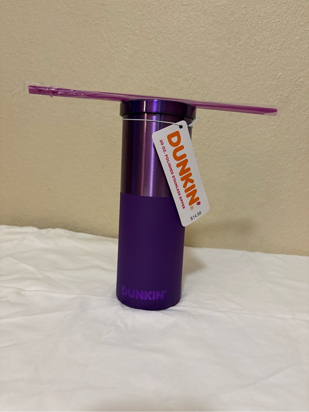 Dunkin' 20 oz Purple Metal Travel Tumbler Solid Logo w/Lid & Straw
